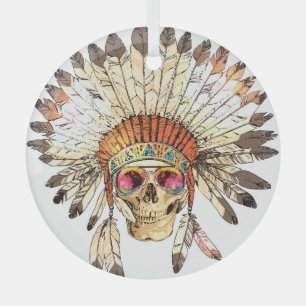 Native American Skull Fashion Illustration Glass Tree Decoration