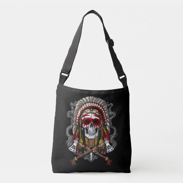 Native American Skull Indian Chief Headdress Crossbody Bag (Front)