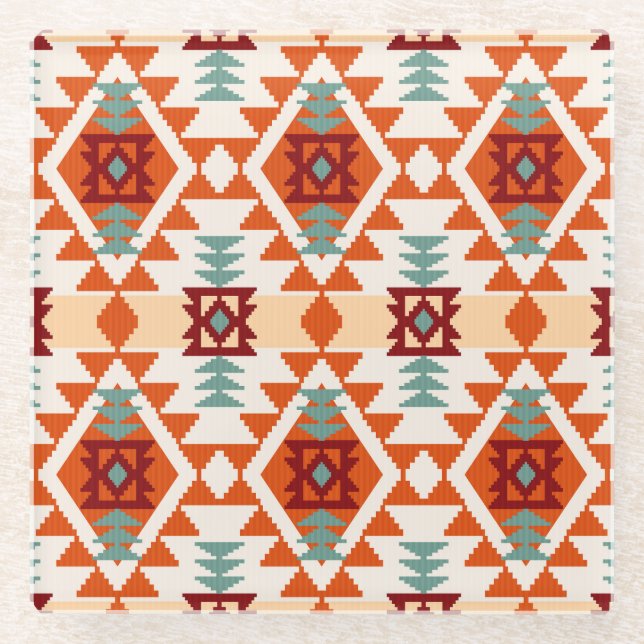 Native American Style Geometric Seamless Glass Coaster (Front)
