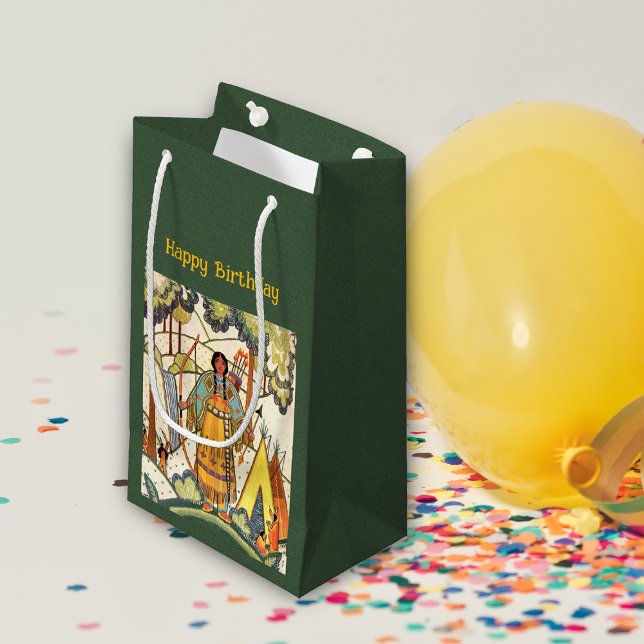 Native American Tepee in Woods Embroidered Look Small Gift Bag (Native American scene in woods embroidered texture woman tepee green Birthday gift bag.)