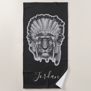 Native American Tiger Chief   Add Your Name Beach Towel