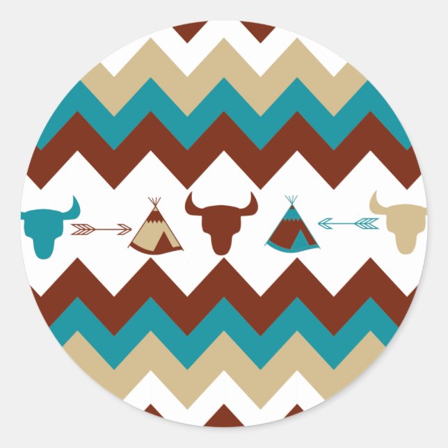 Native American Tribal Chevron Skulls Tipi Arrows Classic Round Sticker (Front)