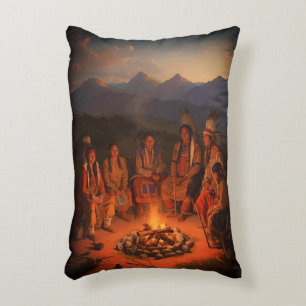 Native American Tribe Sitting Around a Fire on Decorative Cushion