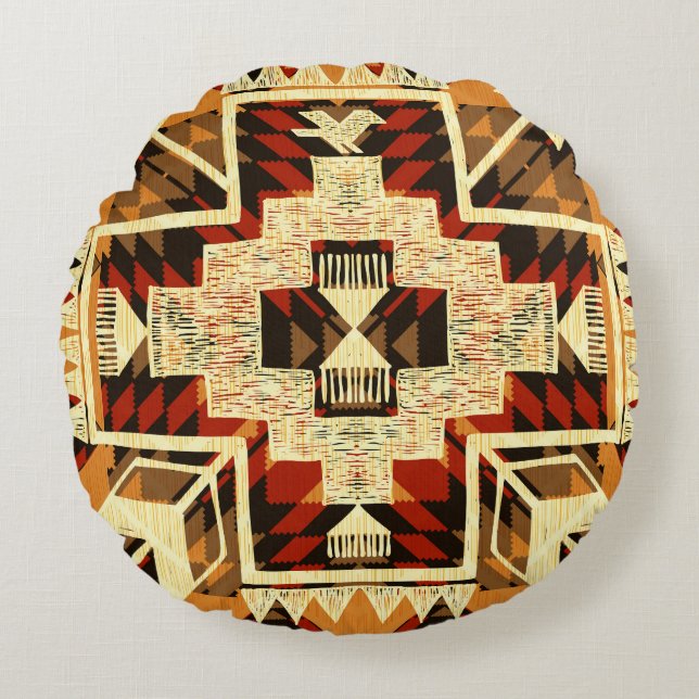 Native American, Vintage Hand-Drawn Abstract. Round Cushion (Front)
