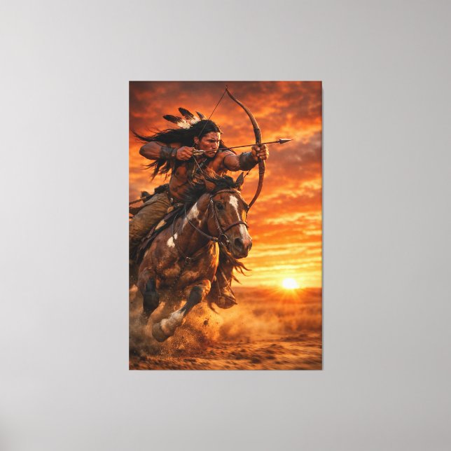 Native American Warrior Galloping Horse at Sunset Canvas Print (Front)