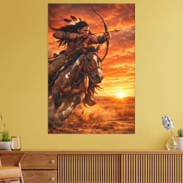 Native American Warrior Galloping Horse at Sunset Canvas Print (Insitu(LivingRoom))