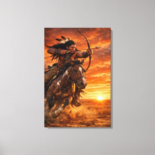 Native American Warrior on Galloping Horse Sunset Canvas Print (Front)