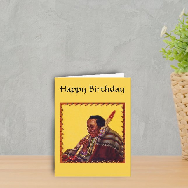 Native American Warrior Peace Pipe Birthday Card (Native American male peace pipe stitched border on yellow happy Birthday greeting card.)