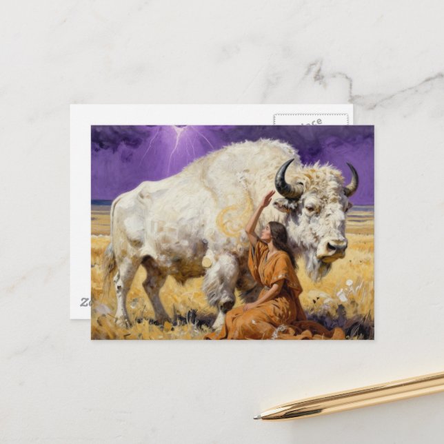 Native American Woman and a Sacred White Bison Postcard (Front/Back In Situ)