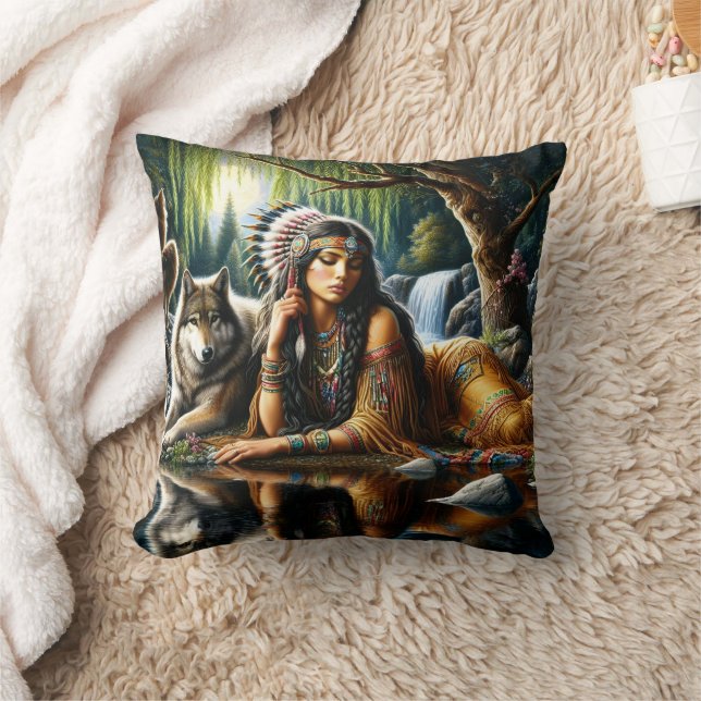 Native American Woman and Wolf By Tranquil Water Cushion (Blanket)