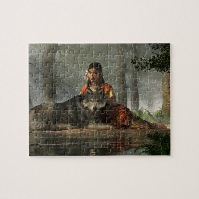 Native American Woman and Wolf  Jigsaw Puzzle (Horizontal)