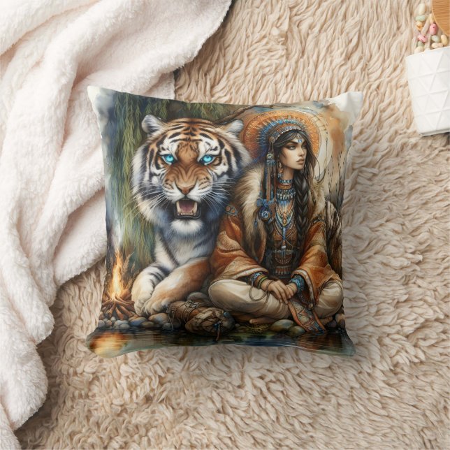 Native American Woman by River Tiger Cushion (Blanket)