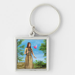 Native American Woman Forest Bird Art Key Ring