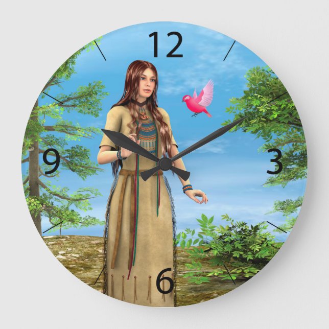 Native American Woman Forest Bird Art Large Clock (Front)