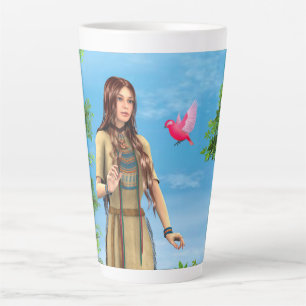 Native American Woman Forest Bird Art Latte Mug