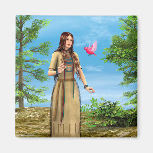 Native American Woman Forest Bird Art Magnet