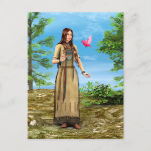 Native American Woman Forest Bird Art Postcard