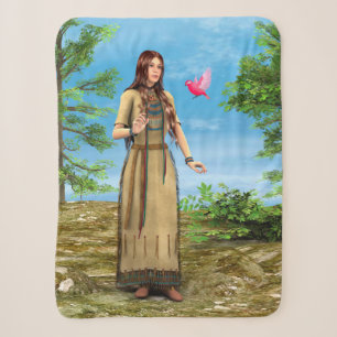 Native American Woman Forest Bird Art Sherpa Blanket