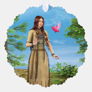 Native American Woman Forest Bird Art Tree Decoration Card