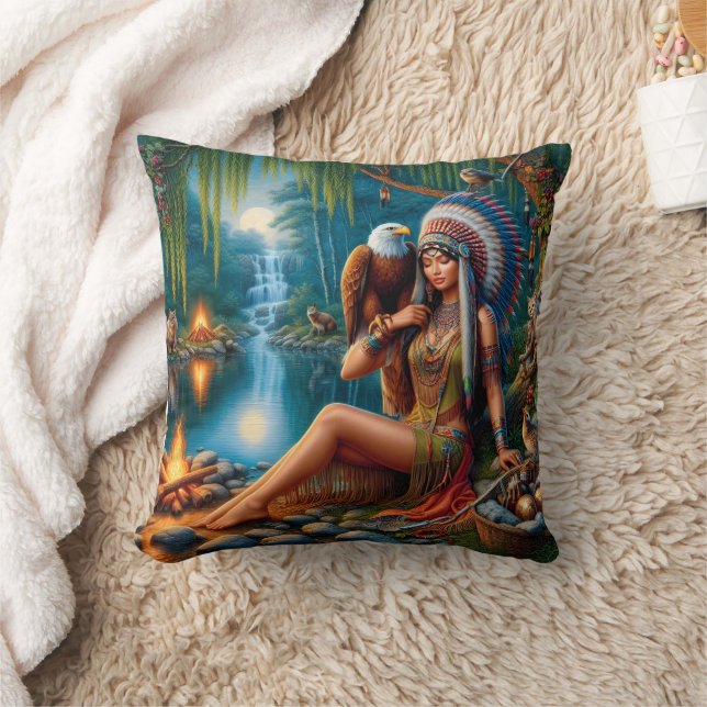 Native American Woman Holding Eagle By Lake Cushion (Blanket)