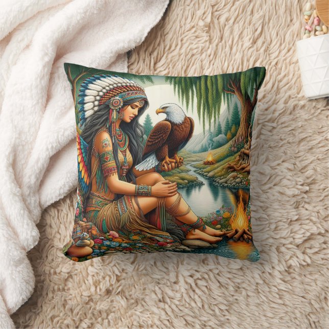 Native American Woman Holding Eagle by Riverbank Cushion (Blanket)