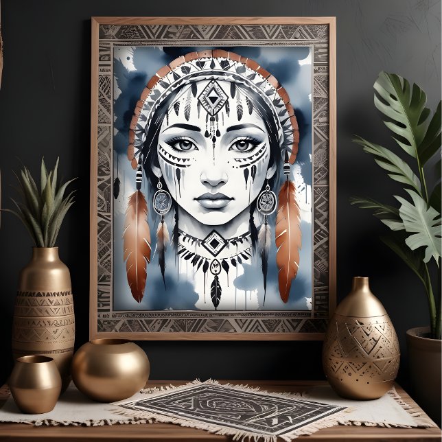 Native American Woman Portrait Feather Headdress Poster (Native American Woman Watercolor Effect Portrait with Feather Headdress Poster.)