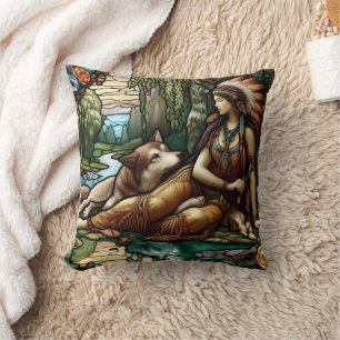 Native American Woman Relaxing With Wolf in Nature Cushion