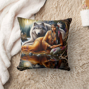 Native American Woman Resting With Wolf By River Cushion