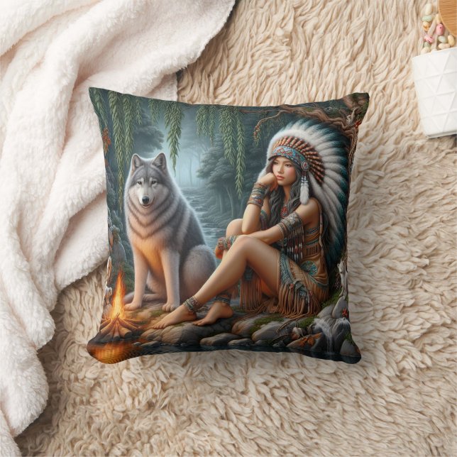 Native American Woman Sitting By A Wolf Cushion (Blanket)