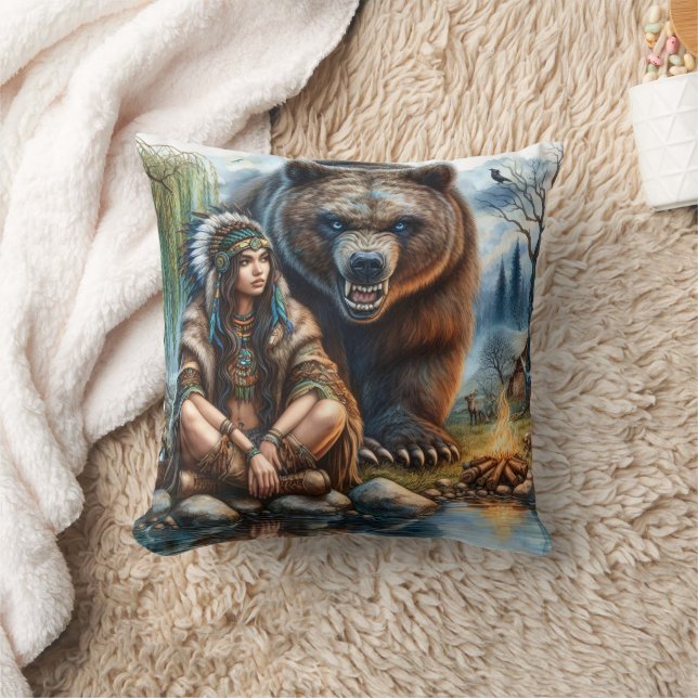 Native American Woman Sitting By Bear At Sunset Cushion (Blanket)