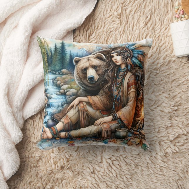 Native American Woman Sitting by River With Bear Cushion (Blanket)