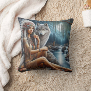 Native American Woman Sitting By River With Wolf Cushion