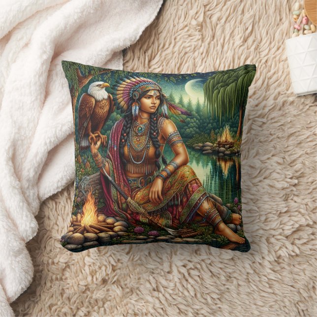 Native American Woman Sitting With Eagle By Water Cushion (Blanket)