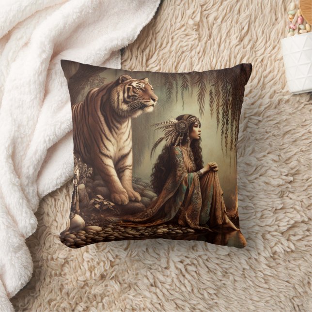 Native American Woman Sitting With Tiger By River Cushion (Blanket)
