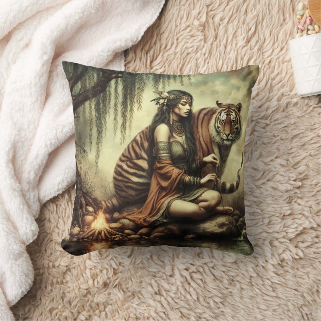Native American Woman Sitting With Tiger by Water Cushion (Blanket)