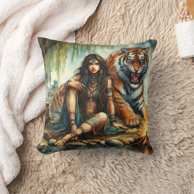 Native American Woman Sitting With Tiger By Water Cushion (Blanket)
