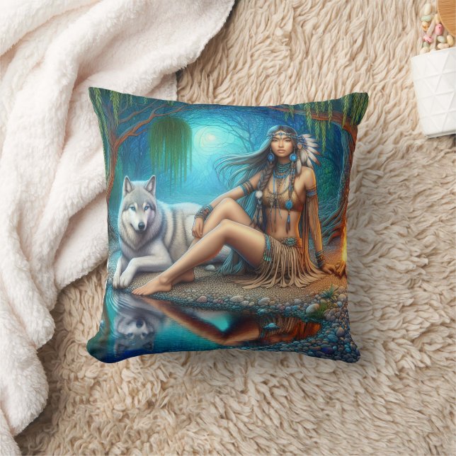 Native American Woman Sitting With Wolf By Water Cushion (Blanket)