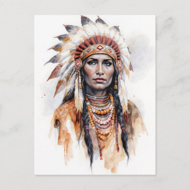 Native American woman watercolor painting art Holiday Postcard (Front)
