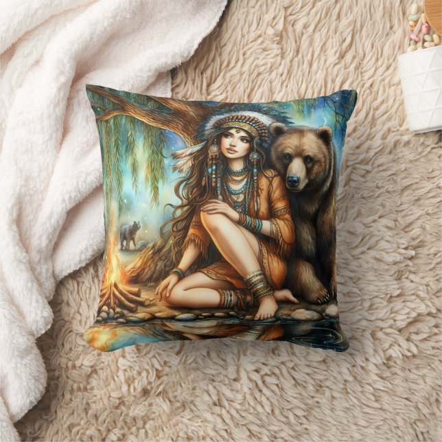 Native American Woman With Bear By Campfire Cushion (Blanket)