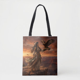 Native American Woman with Eagle on Cliff Tote Bag