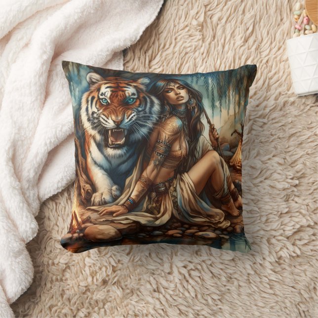 Native American Woman With Tiger Near Campfire Cushion (Blanket)