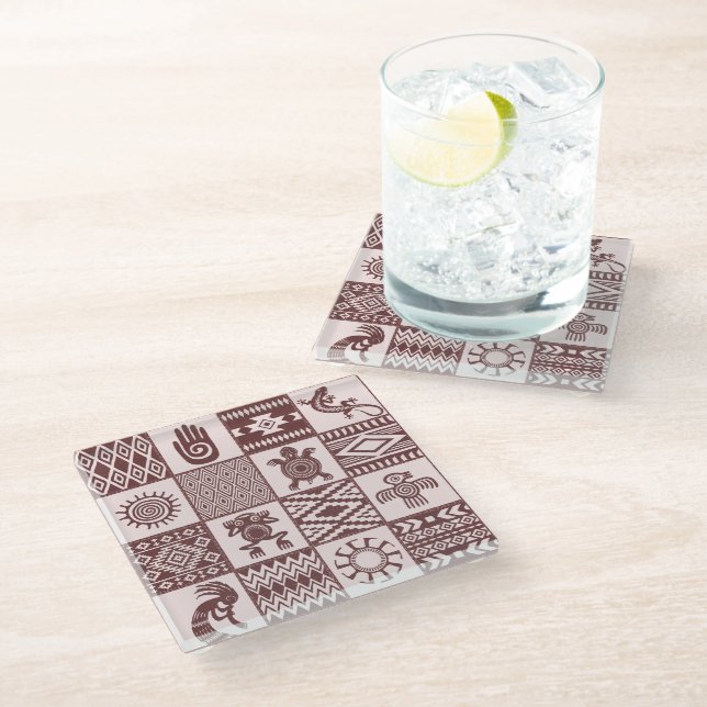 Native Americans Ethnic Symbols Brown Pattern Glass Coaster (Angled)