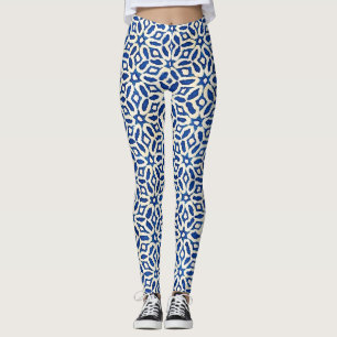 Native Batik Blue White Art Leggings