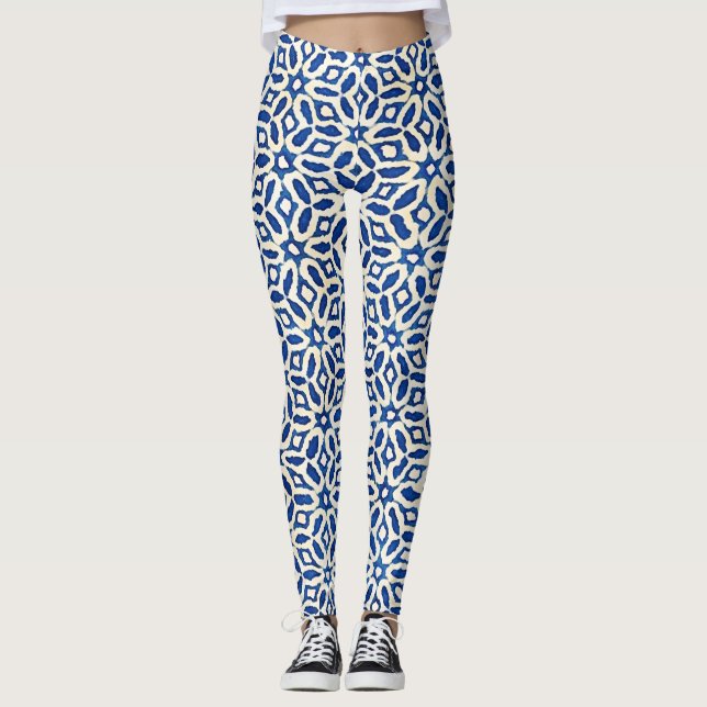 Native Batik Blue White Art Leggings (Front)