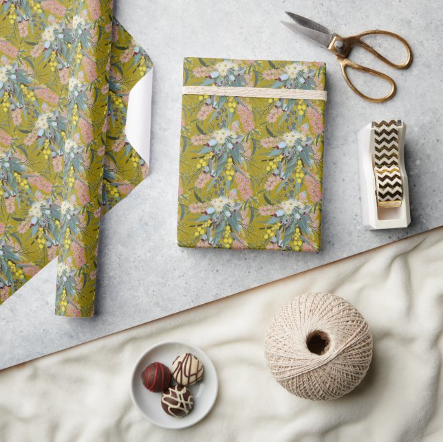 Native Bush Blooms Mustard Yellow Wrapping Paper (Crafts)