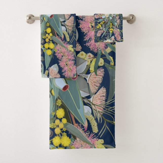 Native Bush Blooms Royal Blue Bath Towel Set (Insitu)