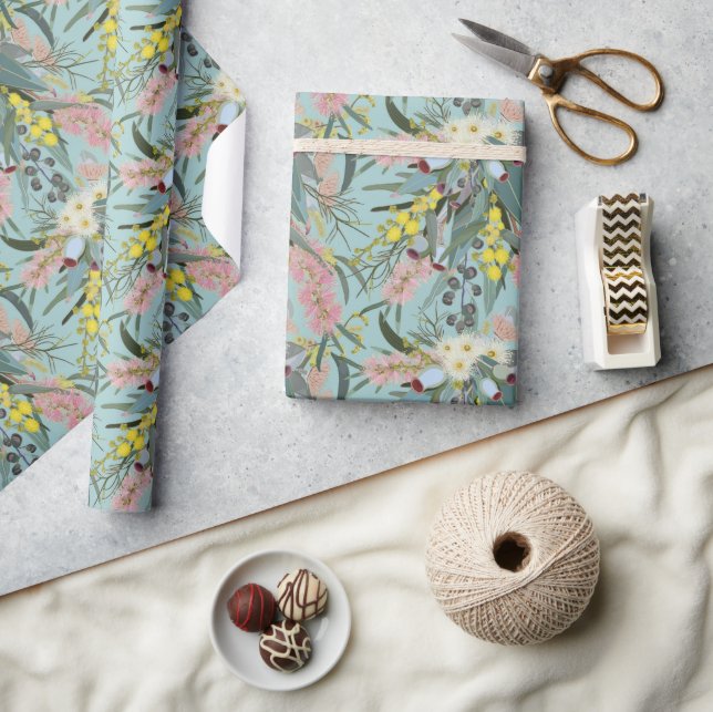 Native Bush Blooms Summer Blue Wrapping Paper (Crafts)