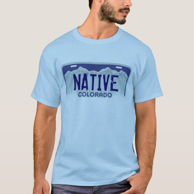 Native Colorado blue license plate guys tee (Front)