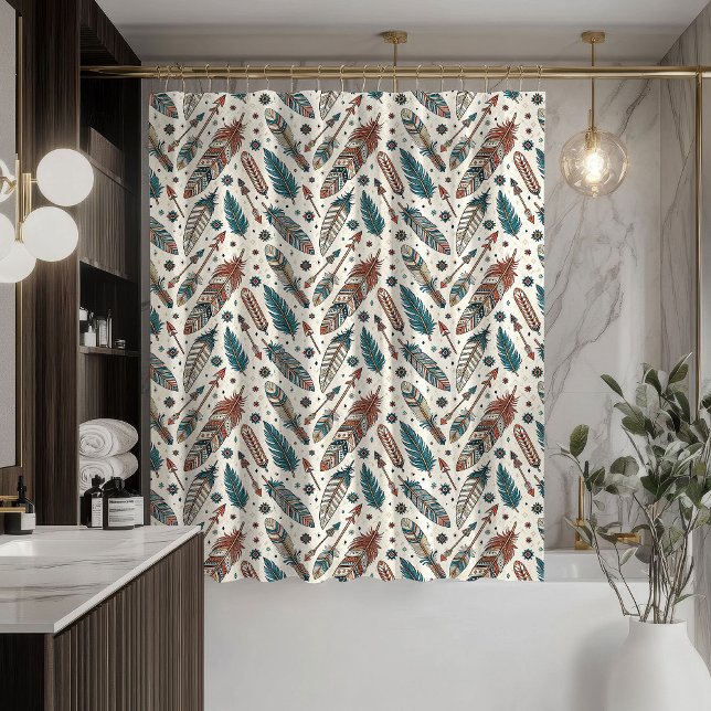 Native Feather Curtain Earthy Tribal Bathroom Look (Native Feather Curtain Earthy Tribal Bathroom Look)