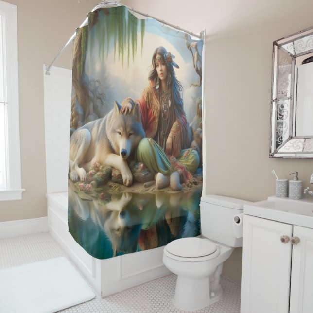 Native girl enjoying a moment with her wolf shower curtain (In Situ)